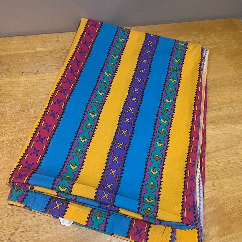 Vtg Disney 90s Pocahontas Geometric Tribal Stripe Twin Flat Sheet Yellow Blue